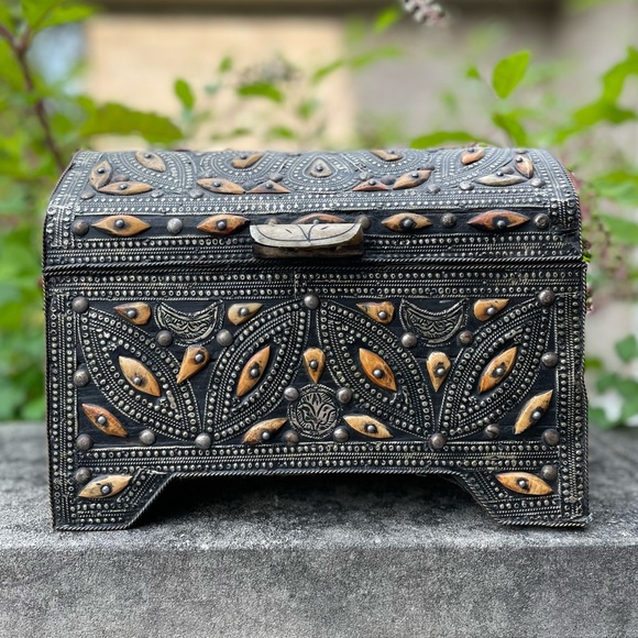 Antique Ornate Handcrafted Moroccan Evil Eye Wood Chest Decorative Box - Picture 3 of 15